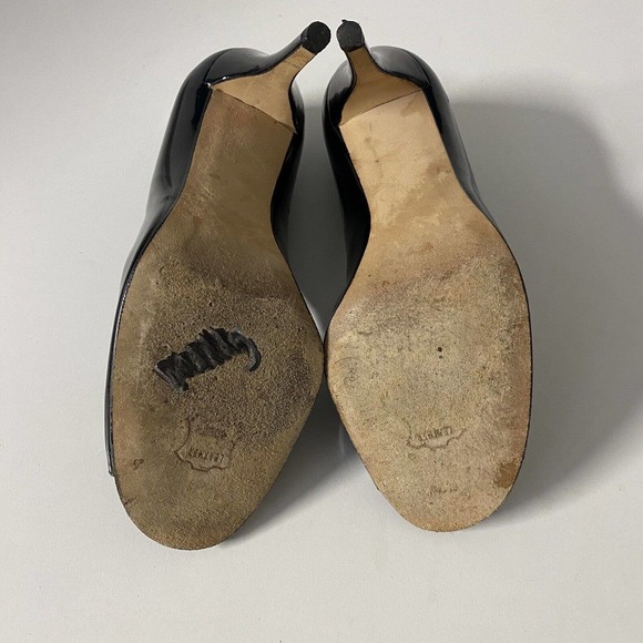 Stuart Weitzman Linda Peep Toe Pump Patent Leather Black Slim Heel Slip On 6.5 - Picture 6 of 6